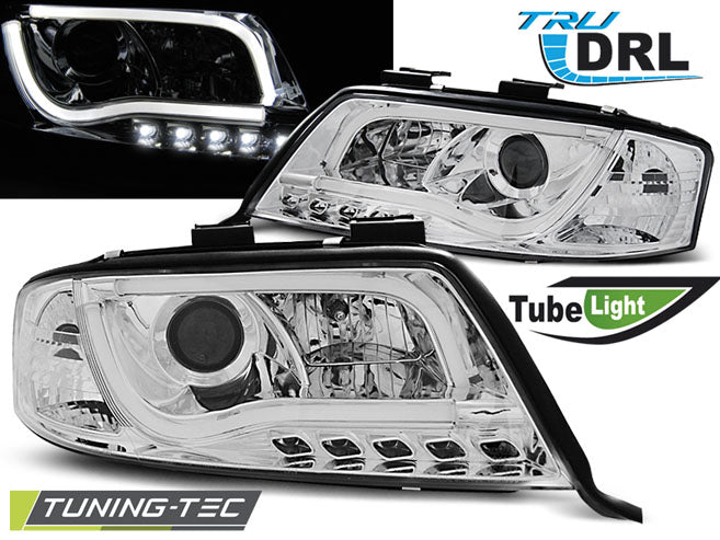 Phares tubulaires avec feux de jour chromés compatibles avec Audi A6 06.01-05.04