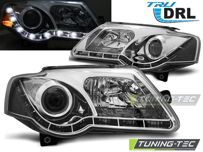 Phares avec feux de jour chromés compatibles VW Passat B6 3C 03.05-10