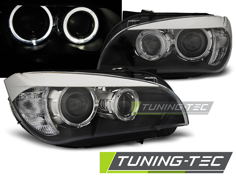 Phares Angel Eyes LED noirs compatibles BMW X1 E84 10.09-07.12
