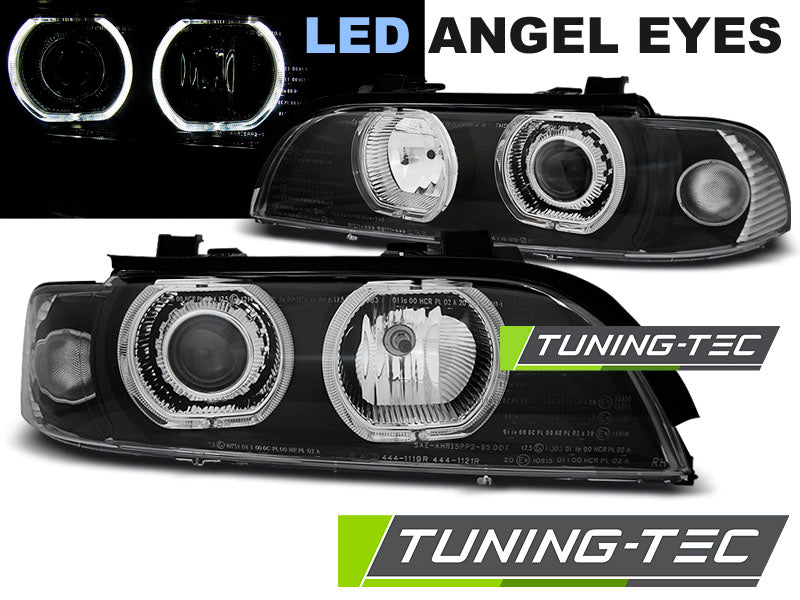 Phares Angel Eyes LED noirs compatibles BMW E39 09.95-06.03