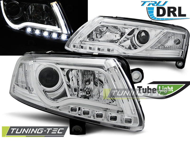 Phares tubulaires chromés avec feux de jour (DRL) compatibles avec Audi A6 C6 04.04-08