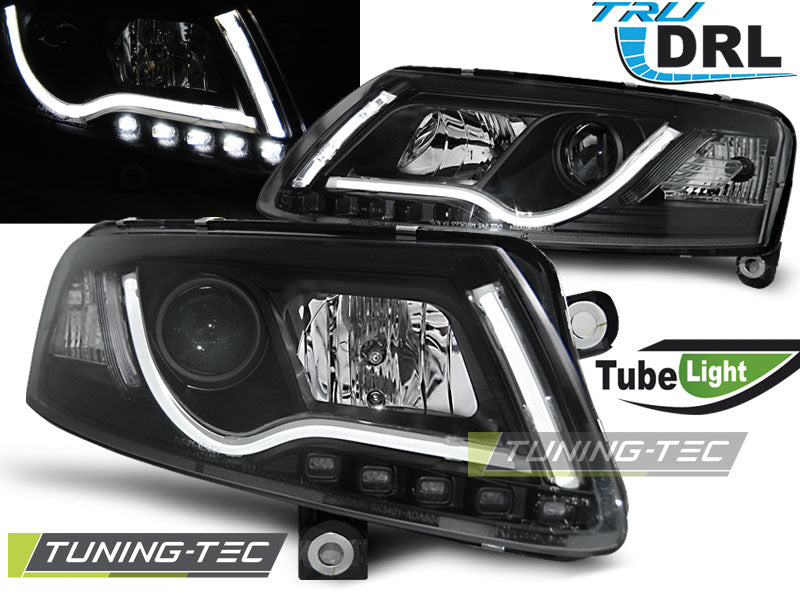 Phares tubulaires avec feux de jour noirs compatibles avec Audi A6 C6 04.04-08