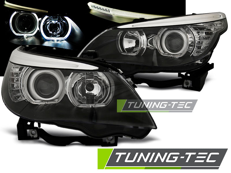 Phares Angel Eyes LED noirs compatibles BMW E60/E61 03-07