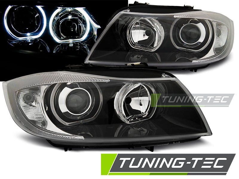 Phares Angel Eyes LED noirs compatibles BMW E90 E91 05-11