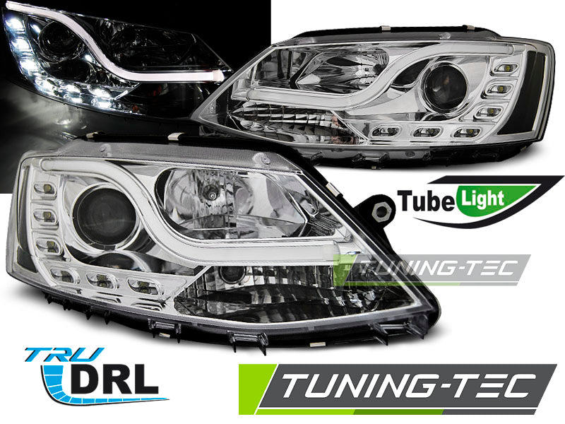 Phares tubulaires chromés avec feux de jour (DRL) compatibles avec VW Jetta VI 1.11-18