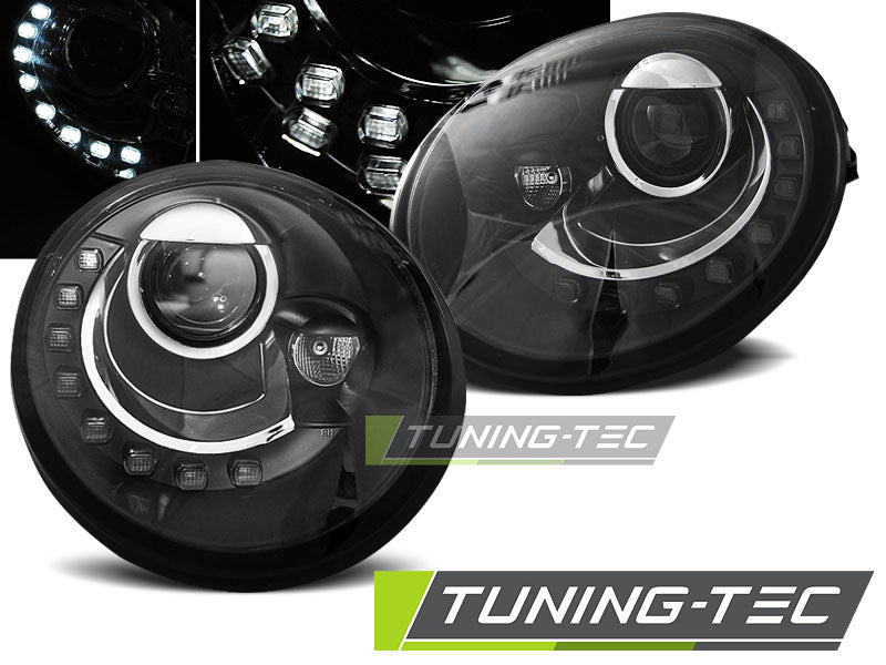 Phares avant noirs à feux de jour compatibles avec VW New Beetle 10.98-05.05