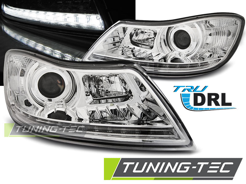 Phares avec feux de jour chromés compatibles avec Skoda Octavia 09-12