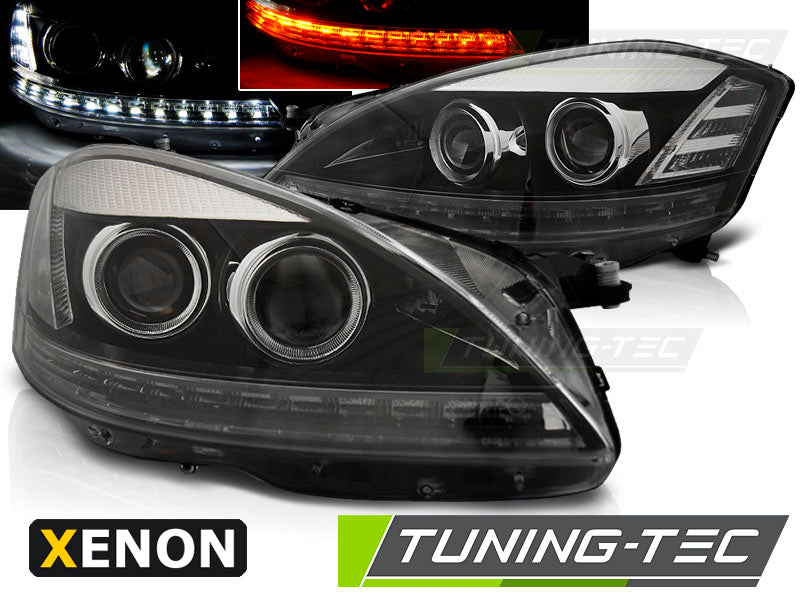 Phares au xénon noir lumière du jour compatibles avec Mercedes W221 05-09