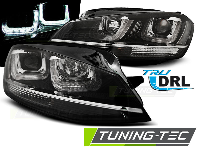 Phares avant à LED en forme de U noirs avec liseré chromé, compatibles avec VW Golf 7 (11.12-17).