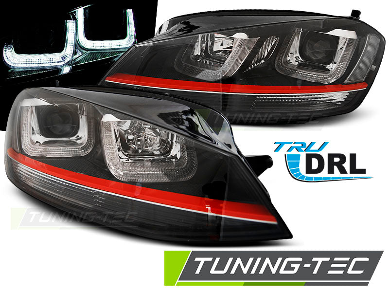 Phares avant sport à LED en forme de U, noirs avec liseré rouge, compatibles avec VW Golf 7 (2012-2017).