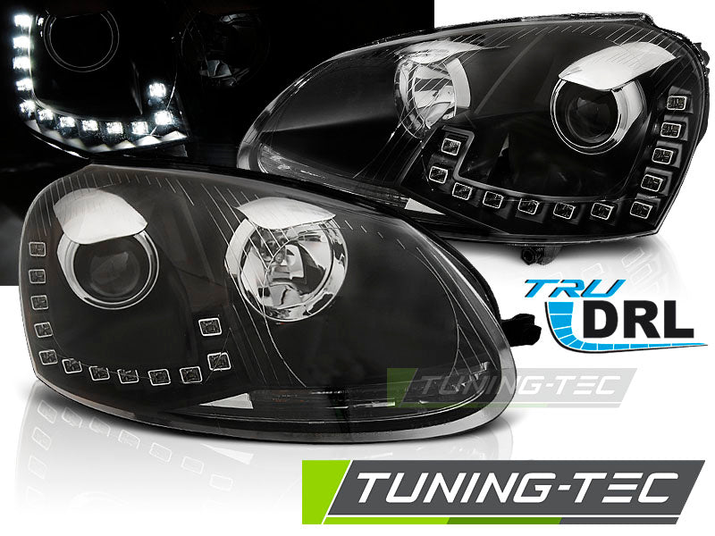 Phares avec feux de jour noirs pour VW Golf 5 (2010-2009).