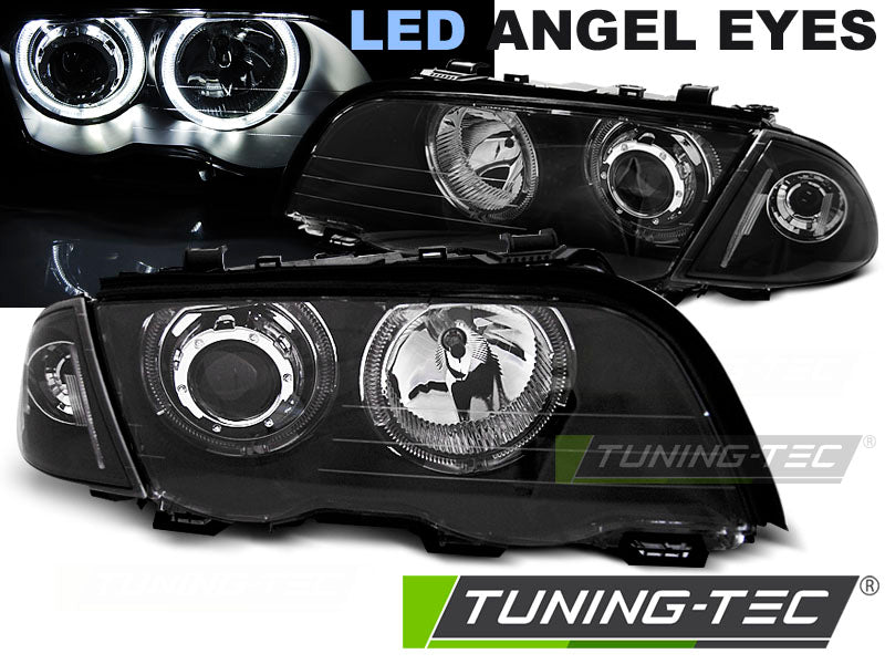 Phares Angel Eyes LED noirs compatibles BMW E46 98-01 S/T
