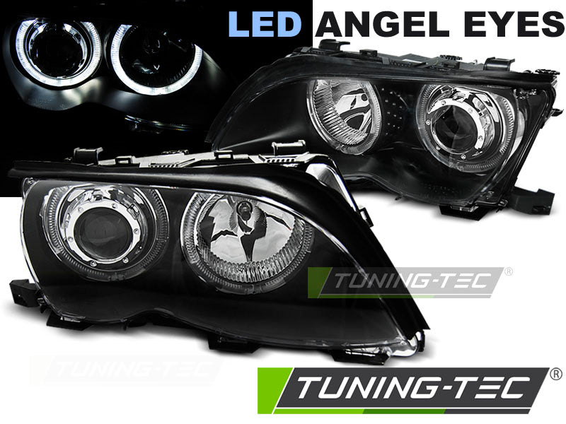Phares Angel Eyes LED noirs compatibles BMW E46 01-05