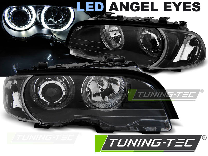 Phares Angel Eyes LED noirs compatibles BMW E46 Coupé Cabriolet 99-03