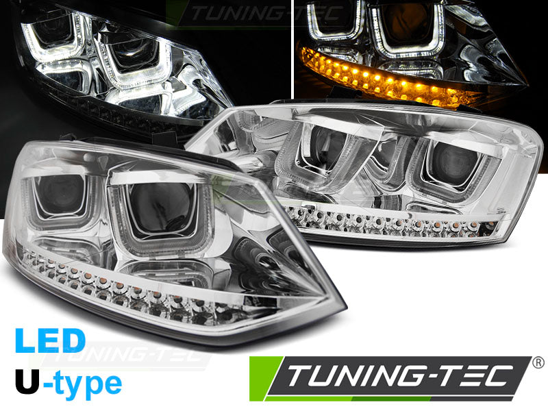 Phares avant chromés à LED en forme de U compatibles avec VW Polo 6R 09-03.14