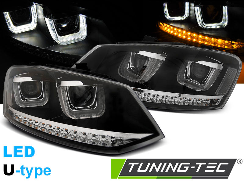 Phares avant à LED en forme de U noirs compatibles avec VW Polo 6R 09-03.14