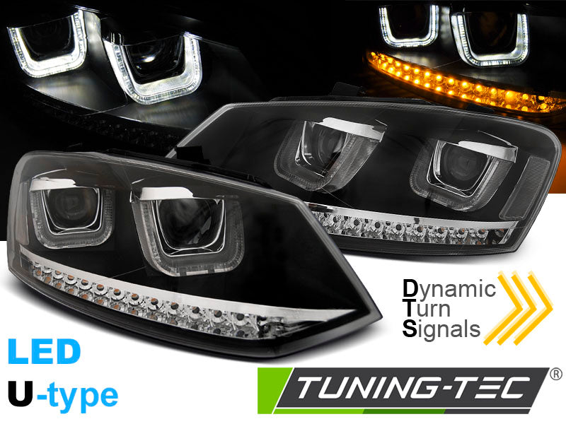 Phares avant à LED en U noirs SEQ compatibles avec VW Polo 6R 09-03.14