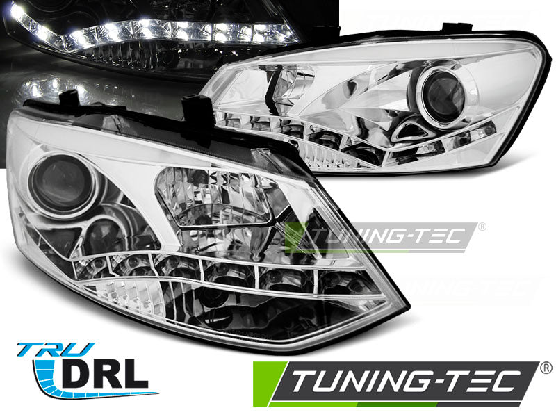 Phares chromés avec feux de jour (DRL) compatibles avec VW Polo 6R 09-03.14