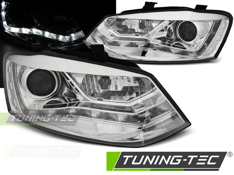 Phares chromés à feux de jour compatibles avec VW Polo 6R 09-03.14