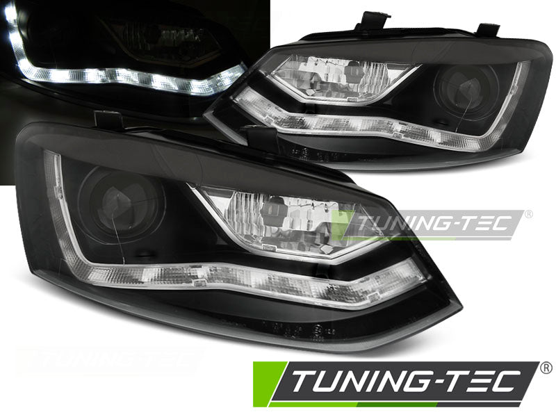 Phares avant noirs à feux de jour compatibles avec VW Polo 6R 09-14