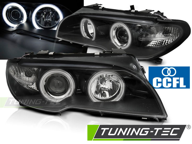 Phares Angel Eyes CCFL noirs compatibles BMW E46 Coupé Cabriolet 04.03-06