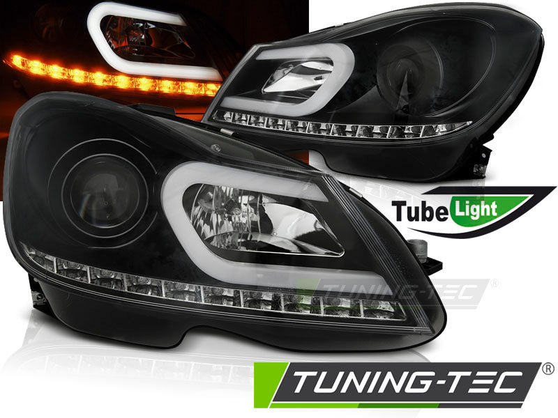 Phares tubulaires noirs compatibles avec Mercedes W204 11-14