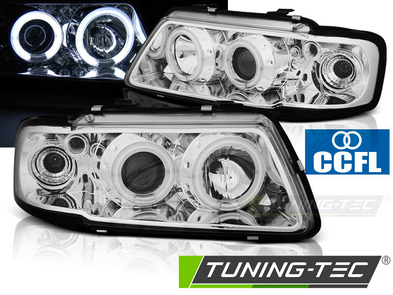 Phares Angel Eyes CCFL chromés compatibles avec Audi A3 8L 08.96-08.00