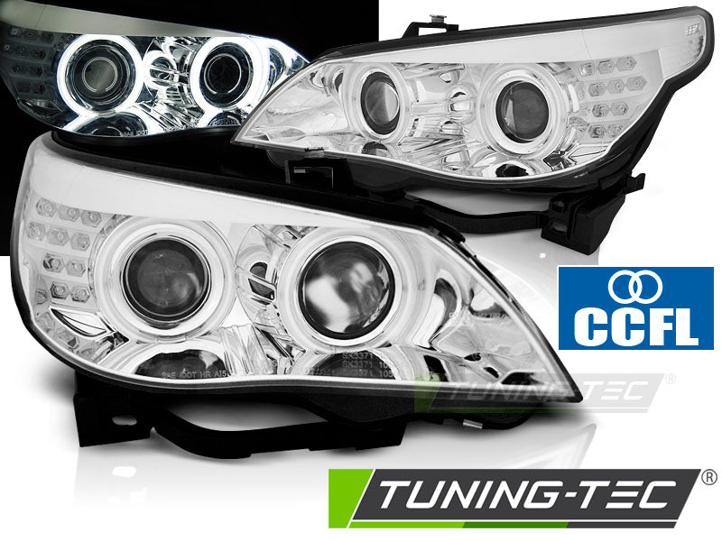 Phares Angel Eyes CCFL chromés avec clignotants LED compatibles BMW E60/E61 03-07
