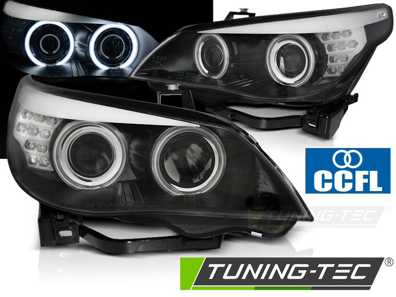 Phares Angel Eyes CCFL noirs avec clignotants LED compatibles BMW E60/E61 03-07