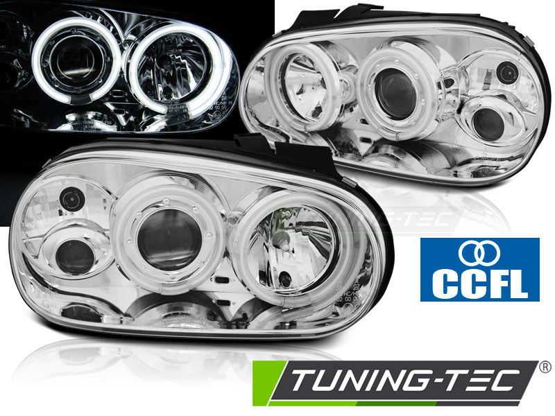Phares Angel Eyes CCFL chromés compatibles VW Golf 4 09.97-09.03