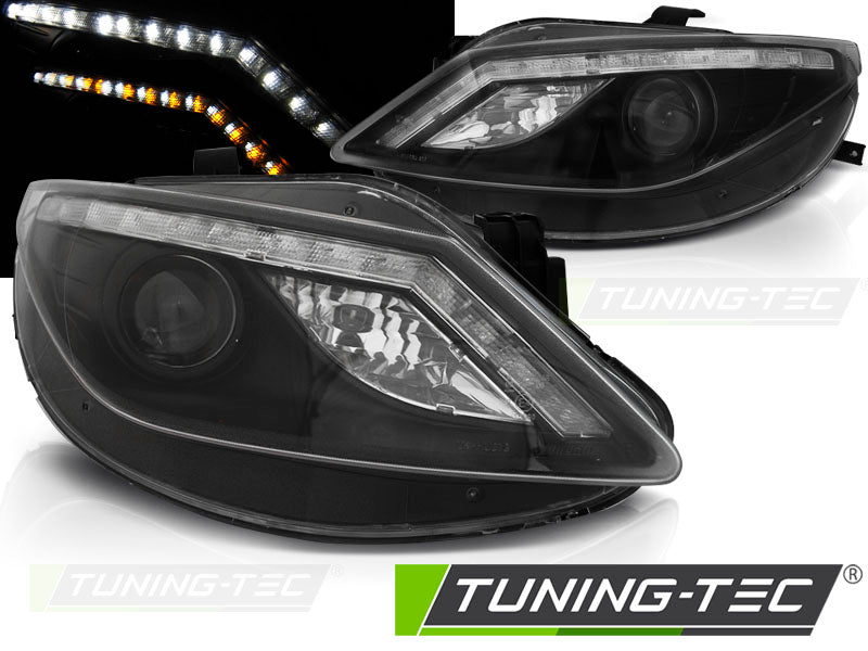 Phares avant noirs avec feux de jour et clignotants à LED compatibles avec SEAT Ibiza 6J (06.08-12).