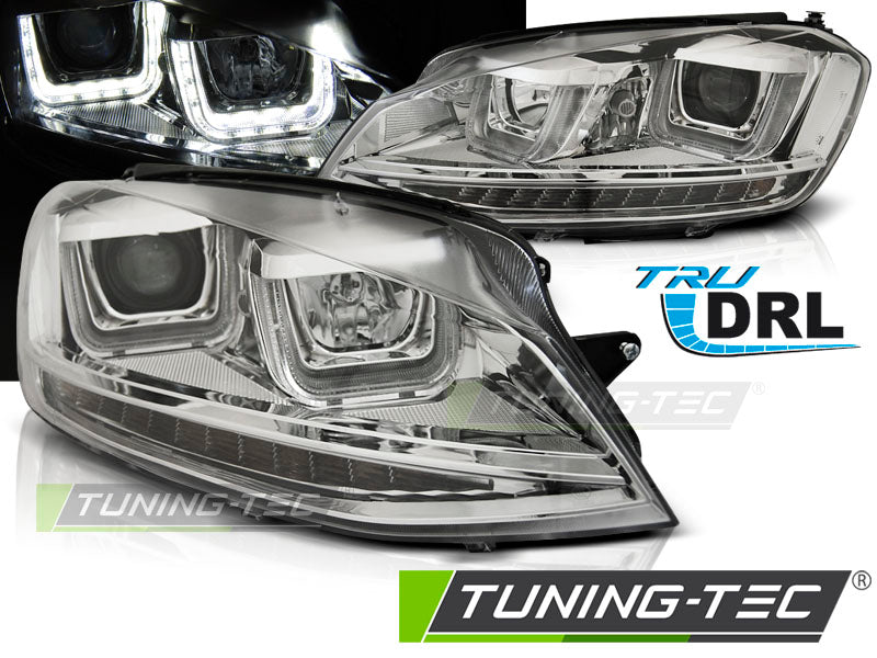 Phares avant chromés à LED en U avec feux de jour (DRL) compatibles avec VW Golf 7 (11.12-17).