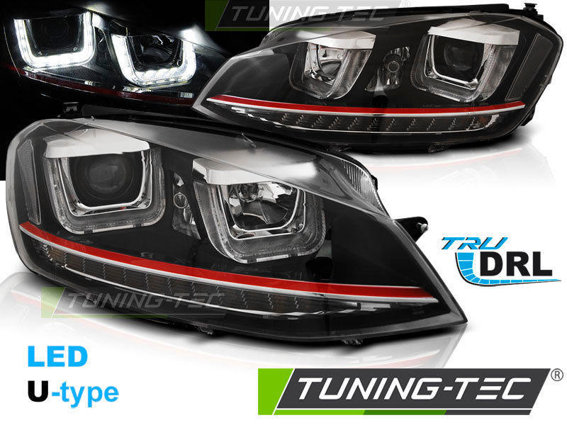 Phares avant à LED en forme de U avec feux de jour, liseré noir et rouge, compatibles avec VW Golf VII 12-17