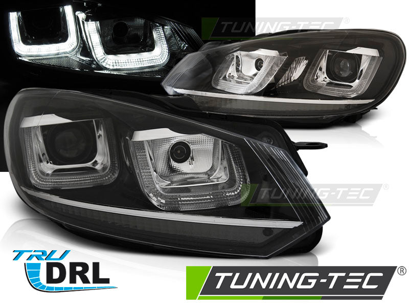 Phares avant à LED en forme de U avec feux de jour et liseré chromé noir, compatibles avec VW Golf 6 (2008-2012).