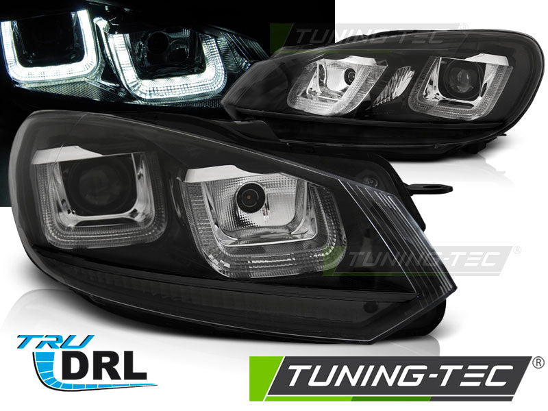 Phares avant à LED en forme de U avec feux de jour noirs et liseré noir, compatibles avec VW Golf 6 (2008-2012).