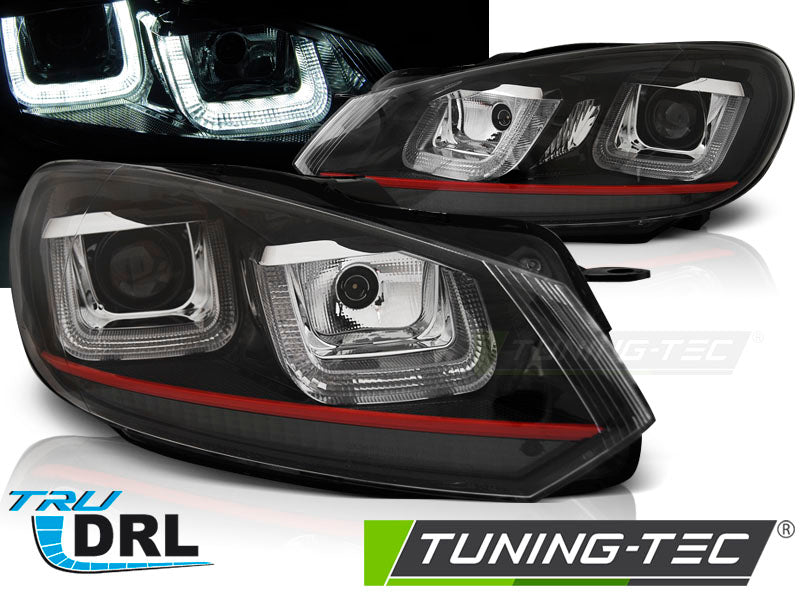 Phares avant à LED en forme de U avec feux de jour, liseré noir et rouge, compatibles avec VW Golf 6 (2008-2012).
