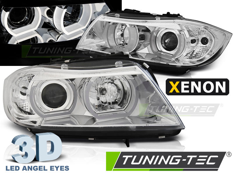 Phares au xénon à LED en forme de U, finition chromée 3D, compatibles avec BMW E90/E91 (03.05-08.08).