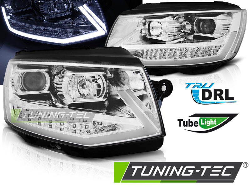 Phares tubulaires chromés avec feux de jour (DRL) compatibles VW T6 15-19