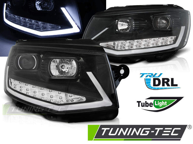 Phares tubulaires avec feux de jour noirs chromés compatibles VW T6 15-19