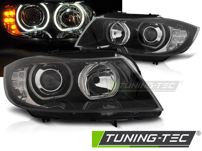 Phares Angel Eyes avec clignotants LED noirs compatibles BMW E90/E91 03.05-11