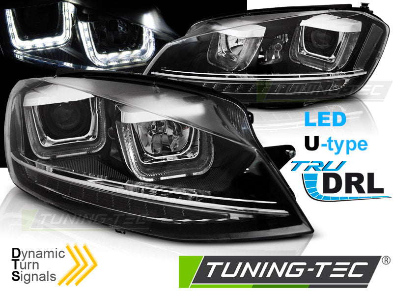 Phares avant à LED en U avec feux de jour noirs SEQ compatibles avec VW Golf 7 11.12-17