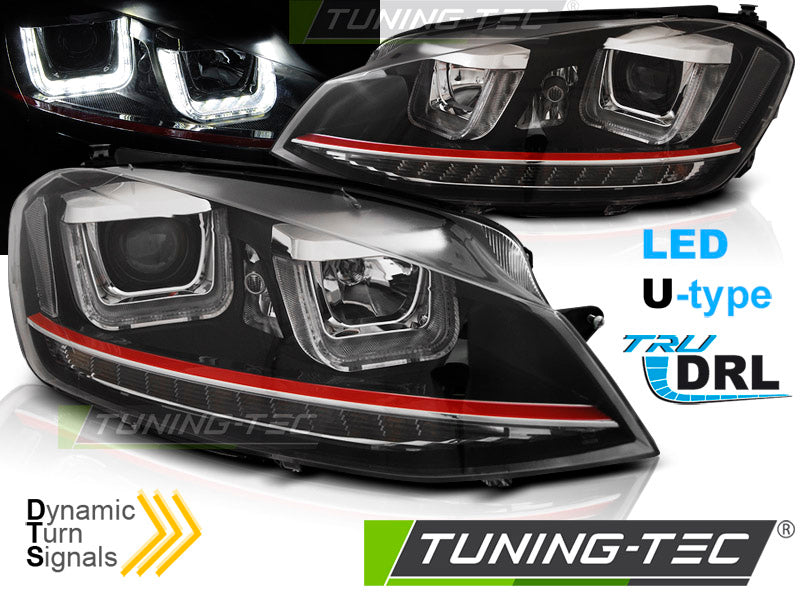 Phares avant à LED en forme de U avec feux de jour noirs et lignes RDD SEQ, compatibles avec VW Golf 7 (11.12-17).