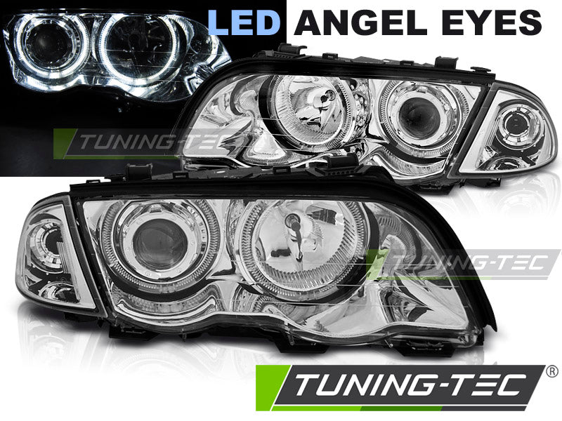 Phares Angel Eyes LED chromés compatibles BMW E46 05.98-08.01 S/T