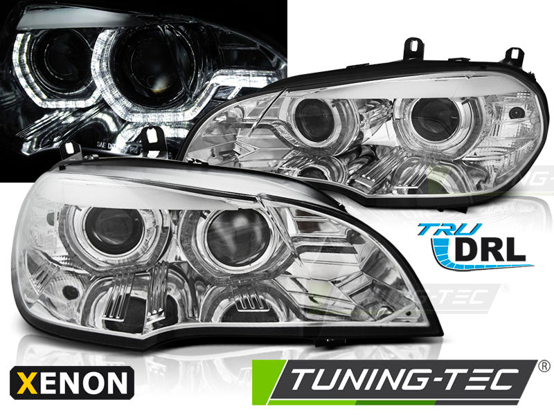 Phares au xénon avec feux de jour à LED chromés Angel Eyes compatibles BMW X5 E70 07-10