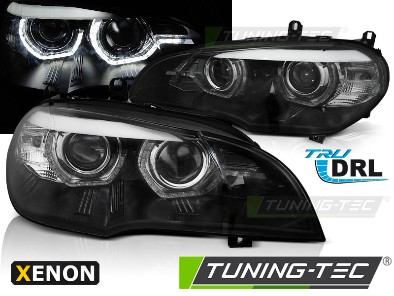 Phares au xénon Angel Eyes avec feux de jour à LED noirs compatibles BMW X5 E70 07-10