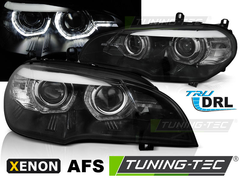 Phares au xénon Angel Eyes avec feux de jour à LED noirs AFS compatibles BMW X5 E70 07-10
