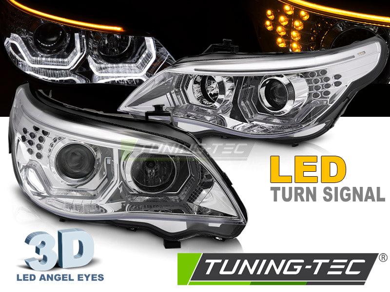 Phares Angel Eyes LED 3D chromés compatibles BMW E60 E61 03-07