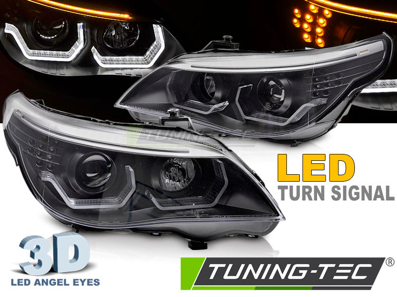 Phares Angel Eyes LED 3D noirs compatibles BMW E60 E61 03-07