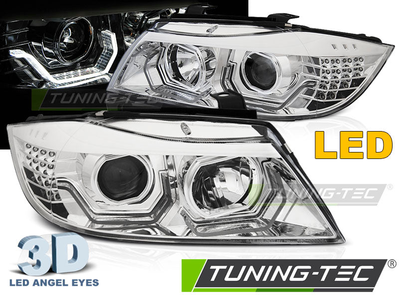 Phares Angel Eyes LED 3D chromés compatibles BMW E90/E91 05-08