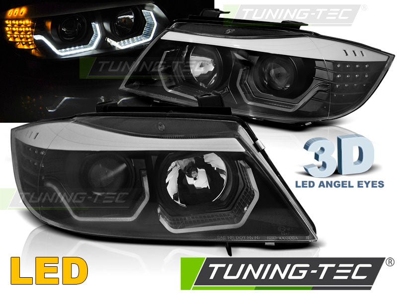 Phares Angel Eyes LED 3D noirs compatibles BMW E90/E91 05-08